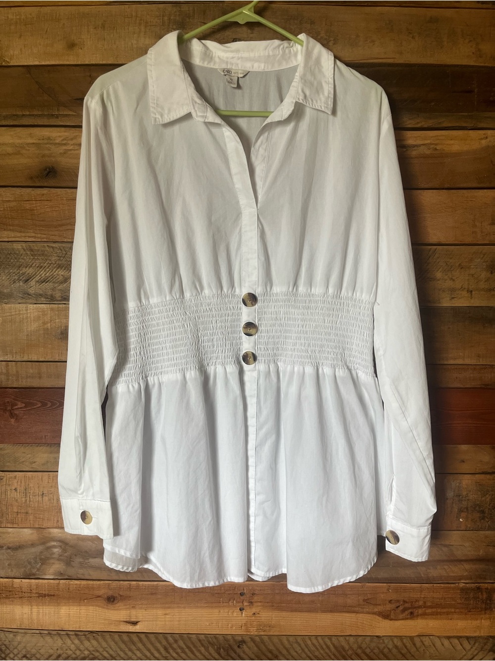 Cato White Smocked-Waist Button-Front Blouse
